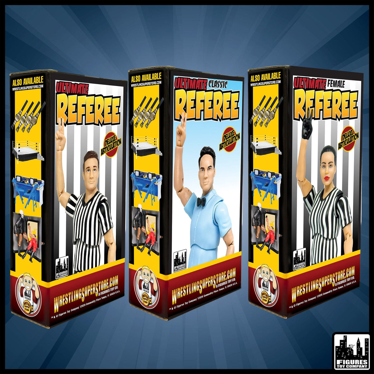 Set of Three Ultimate Referees With Deluxe Articulation for WWE &amp; AEW Wrestling Action Figures: Male, Female &amp; Classic