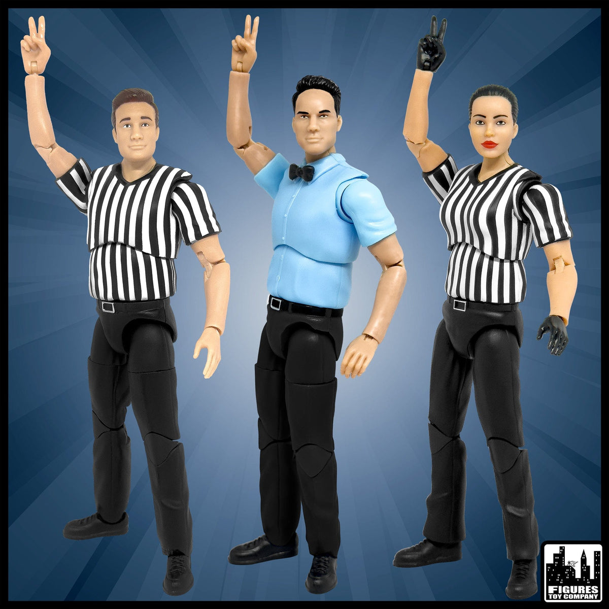 Set of Three Ultimate Referees With Deluxe Articulation for WWE &amp; AEW Wrestling Action Figures: Male, Female &amp; Classic