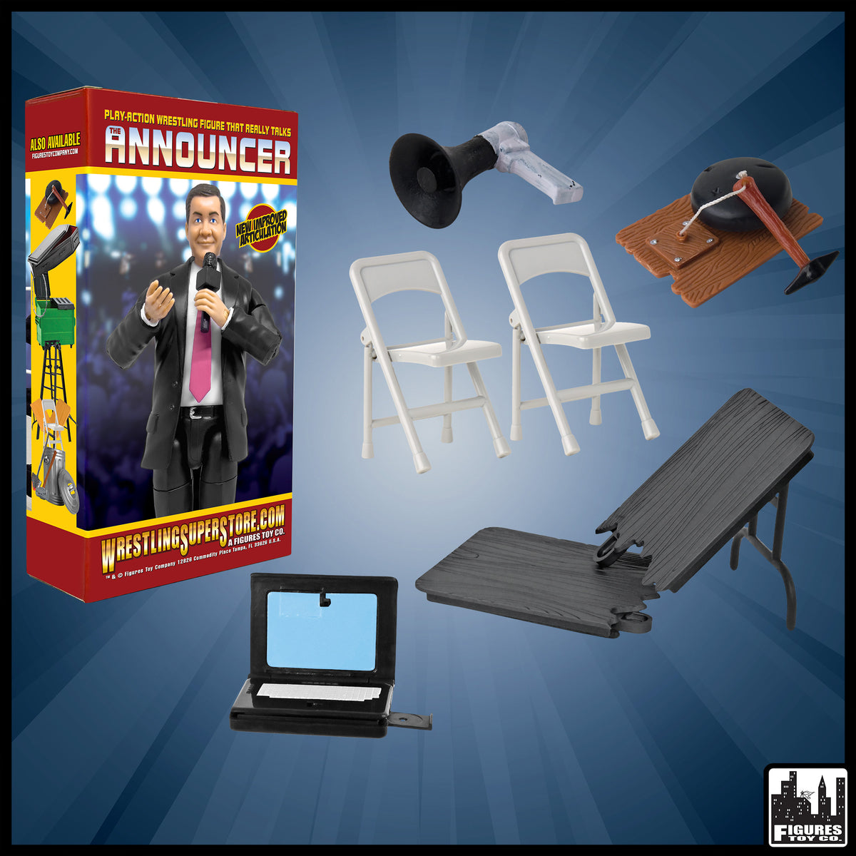 Talking Wrestling Ring Announcer &amp; Accessory Set For WWE &amp; AEW Wrestling Action Figures