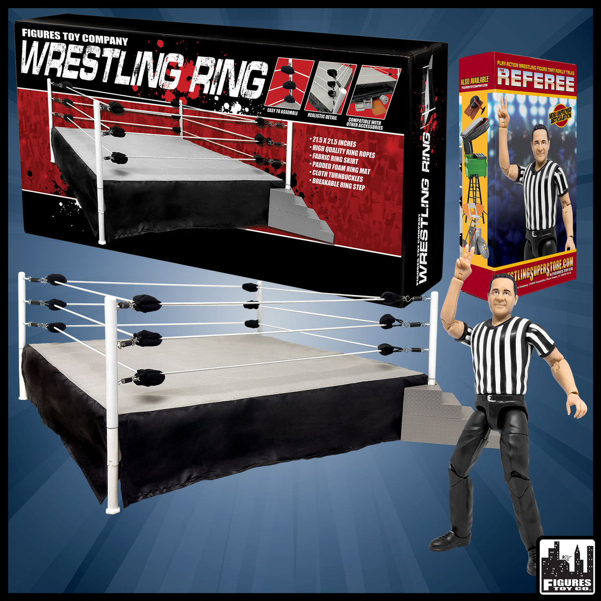 Wrestling Ring &amp; Talking Wrestling Referee Figure for WWE &amp; AEW Action Figures