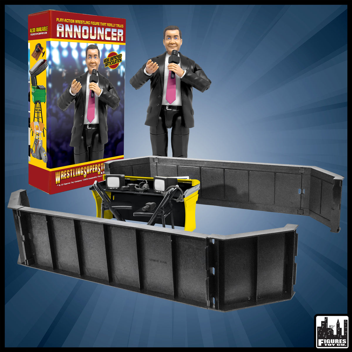 Talking Wrestling Ring Announcer&#39;s Barricade Accessory Set for WWE &amp; AEW Wrestling Action Figures