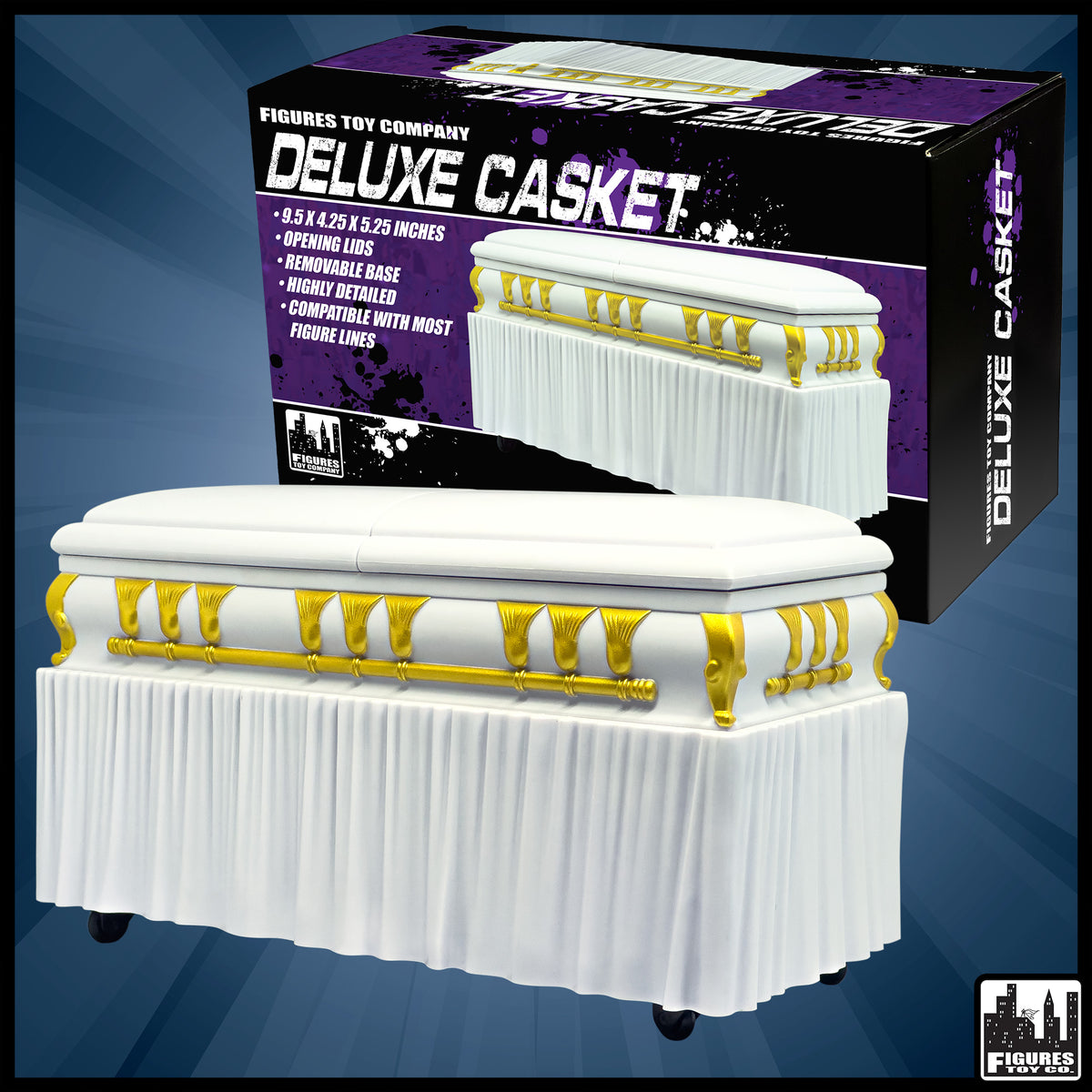 Deluxe White Casket for WWE &amp; AEW Wrestling Action Figures with Removable Base